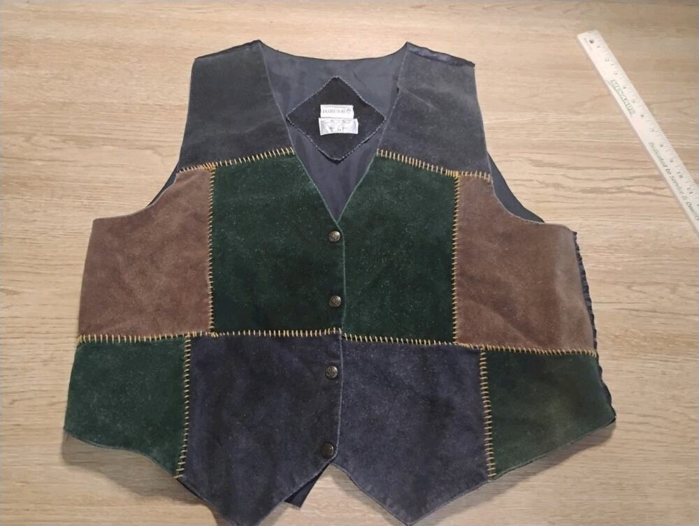 Vintage Fashion Bug Woman's Leather Vest Jacket 2X Patchwork Genuine Leather